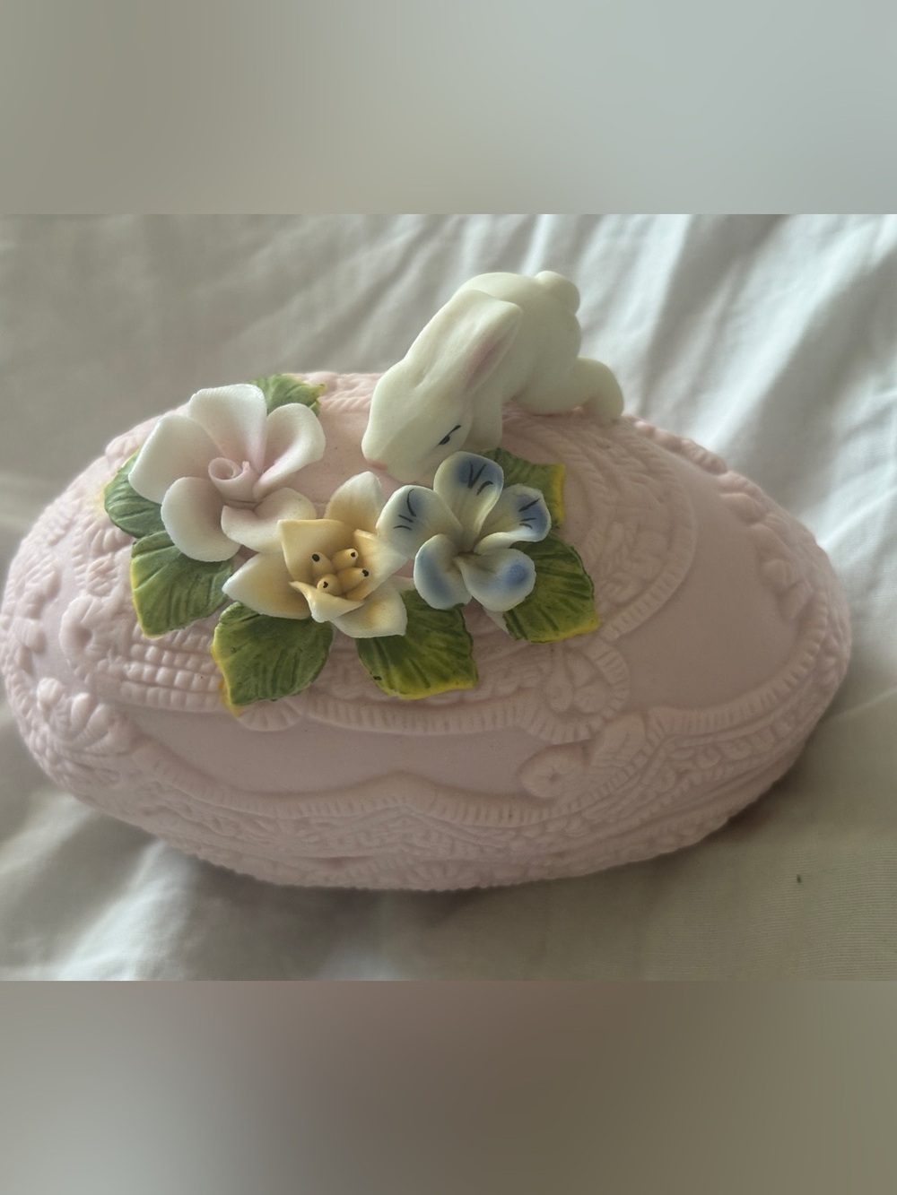 Vintage Pink Bisque Porcelain Egg Trinket Box 3D Bunny & Floral